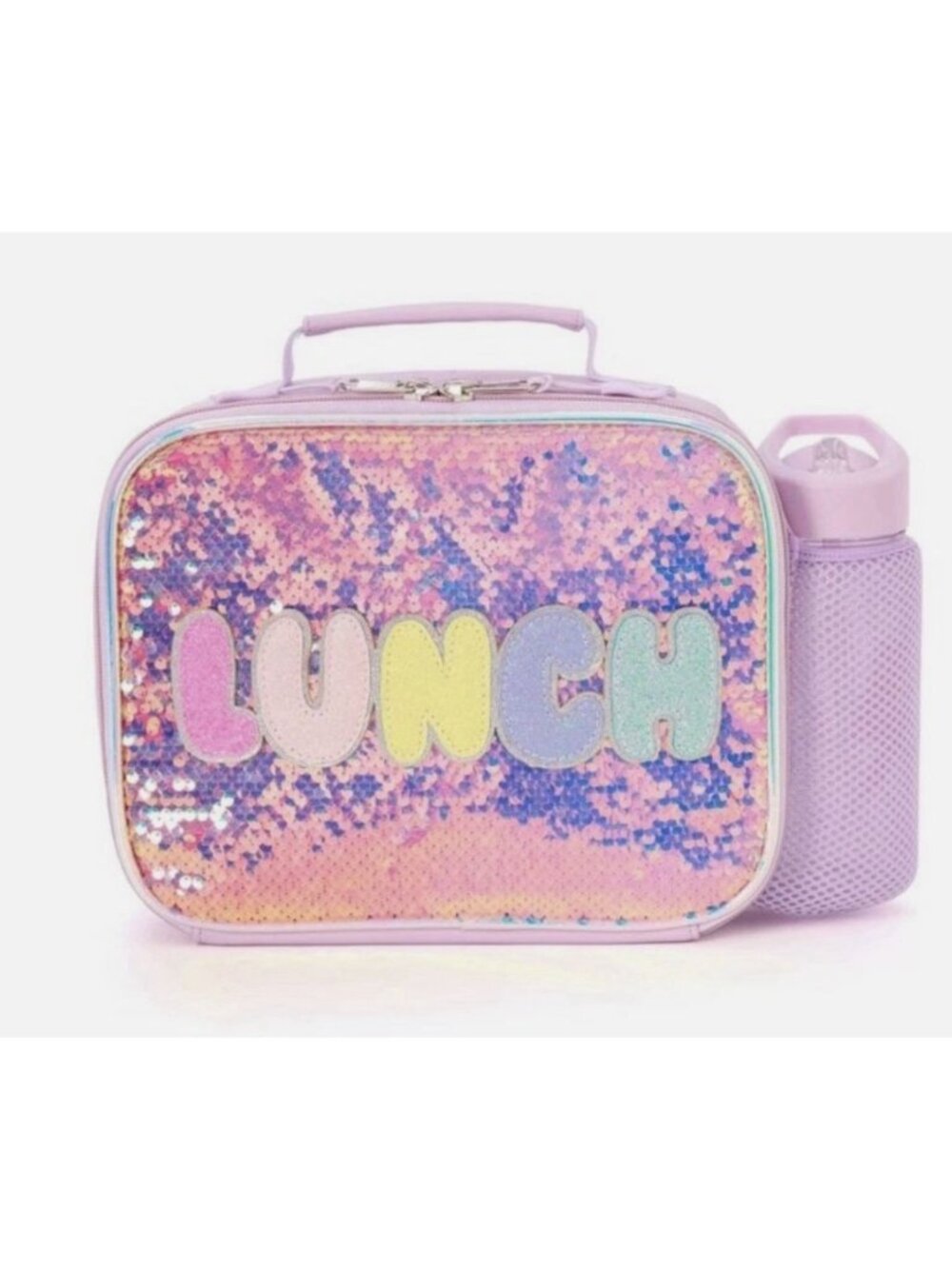 Sequin Lunch Bag With Water Bottle Holder & Insulation Pink & Purple Glitter Des